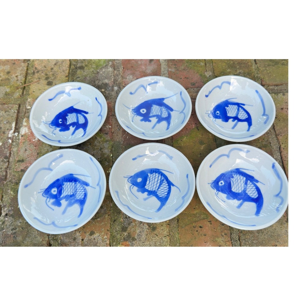 Vintage Chinese Blue White Koi Fish Porcelain Sauce Dishes Chinoiserie Set of 6